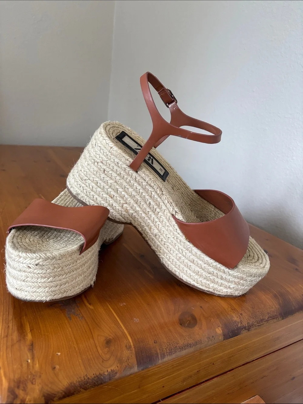 Zara Tan Leather Espadrille Platform Sandals